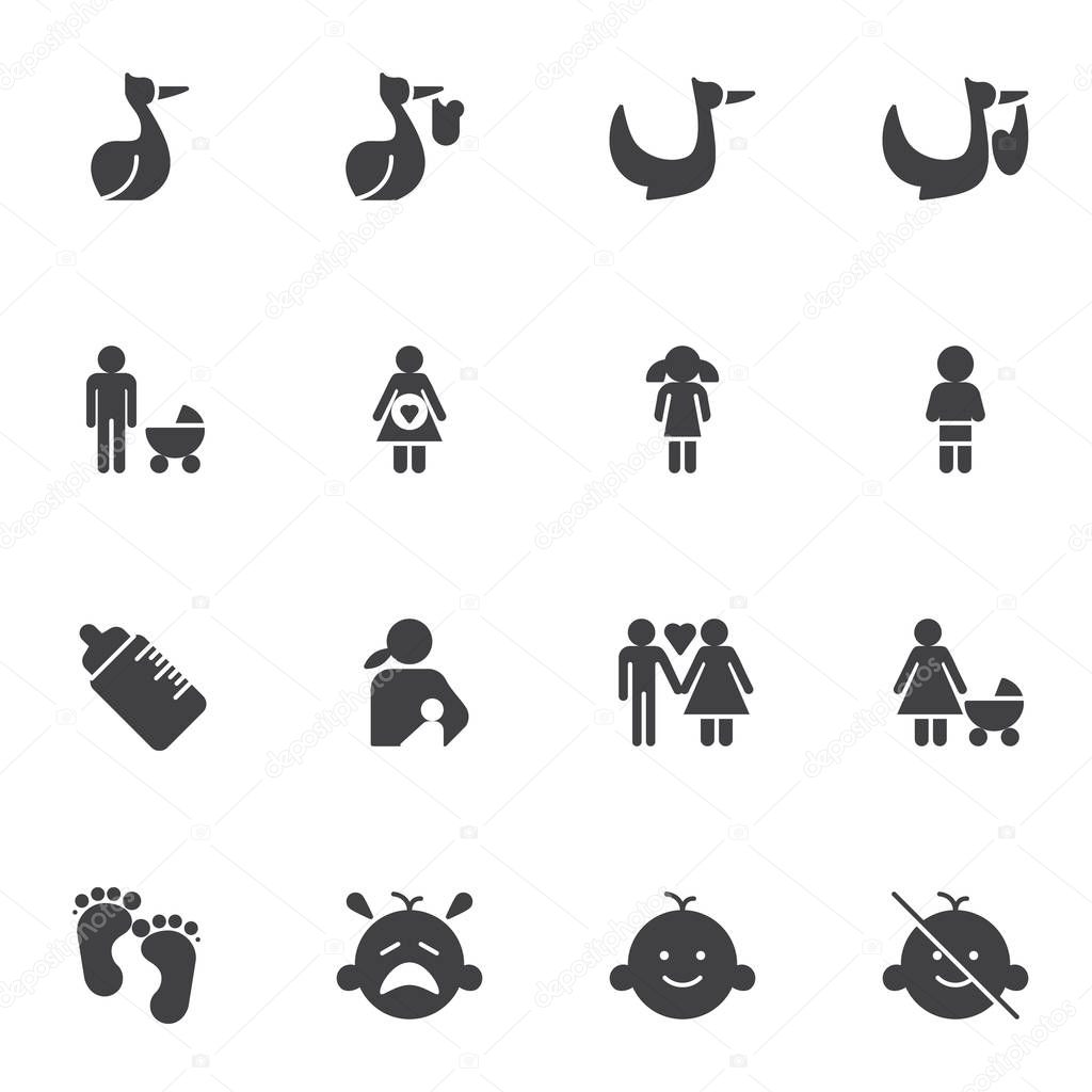 Maternity vector icons set, modern solid symbol collection, filled style pictogram pack. Signs, logo illustration. Set includes icons as pregnant woman, stork with baby, family, child, breast feeding