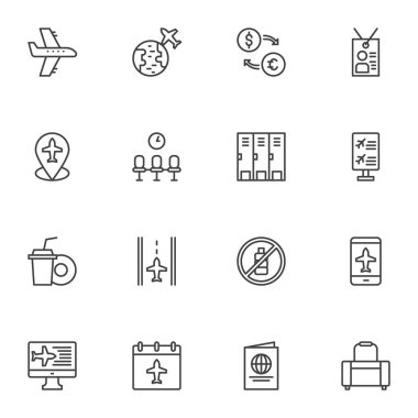 Havaalanı çizgisi simgeleri ayarlandı, taslak vektör sembolü koleksiyonu, doğrusal resim paketi. İşaretler, logo illüstrasyonu. Set simgeleri uçak uçuşu, online rezervasyon, pist, geçiş belgesi, bagaj olarak içerir