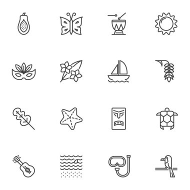 Yaz tatili çizgisi simgeleri seti, ana hatlı vektör sembolü koleksiyonu, doğrusal resim paketi. İşaretler, logo illüstrasyonu. Güneş, çiçek, meyve, hayvan, tekne, denizyıldızı, deniz dalgaları gibi simgeler