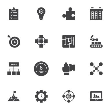 Üretken iş vektör simgeleri seti, modern katı sembol koleksiyonu, doldurulmuş biçim piktogram paketi. İşaretler, logo illüstrasyonu. Konsantrasyon, görev listesi, fikir ilhamı ve zaman denetimi olarak simgeleri küme