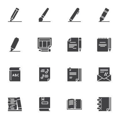 Eğitim vektörü simgeleri seti, yazma ve okuma modern katı sembol koleksiyonu, doldurulmuş biçim piktogram paketi. İşaretler, logo illüstrasyonu. Set simgeleri kalem, kalem, kitap, defter, A + notu olarak içerir