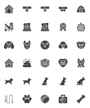 Evcil hayvan dükkanı vektör simgeleri seti, modern katı sembol koleksiyonu, doldurulmuş biçim piktogram paketi. İşaretler, logo illüstrasyonu. Set simgeleri köpek eğitimi, ev, tasma, köpek maması, veteriner yardım kiti, köpek kulübesi