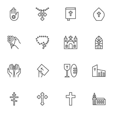 Din çizgisi simgeleri belirlendi, Hıristiyanlık ana hatları vektör koleksiyonu, doğrusal resim paketi. İşaretler, logo illüstrasyonu. Set, haç, dua eden eller, kilise binası gibi simgeleri içerir