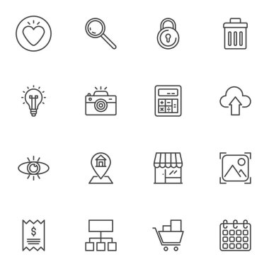 Evrensel UI çizgi simgeleri seti, ana hat vektör sembolü koleksiyonu, doğrusal biçim piktogram paketi. Logo illüstrasyonu işaretleri. Set simgeleri içerir - favori kalp, arama, kilit, çöp kutusu, veri depolama, galeri