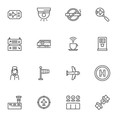Havalimanı bağlantılı çizgi simgeleri seti, ana hatlı vektör sembolü koleksiyonu, doğrusal biçim piktogram paketi. İşaretler, logo illüstrasyonu. Set, uçak bileti, uçuş araması, havaalanı kontrol kulesi olarak simgeleri içerir
