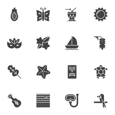 Yaz tatili vektör simgeleri seti, modern katı sembol koleksiyonu, doldurulmuş resim paketi. İşaretler, logo illüstrasyonu. Güneş, çiçek, meyve, hayvan, tekne, denizyıldızı, deniz dalgaları gibi simgeler