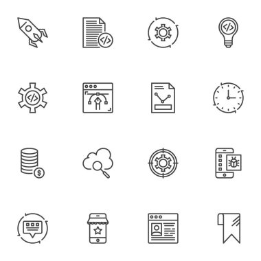 SEO satır simgeleri ayarlandı, taslak vektör sembolü koleksiyonu, doğrusal biçim piktogram paketi. İşaretler, logo illüstrasyonu. Web geliştirme, web tasarımı, başlangıç roketi, belge dosyası olarak simgeleri içerir