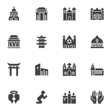 Dini binalar vektör simgeleri seti, modern katı sembol koleksiyonu, doldurulmuş resim paketi. İşaretler, logo illüstrasyonu. Set simgeleri cami minaresi, kilise, sinagog, dua, mum olarak yer alır