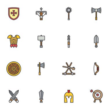 Ortaçağ silah hattı simgeleri seti, ana hat vektör sembolü koleksiyonu, doğrusal resim paketi. İşaretler, logo illüstrasyonu. Takım simgeleri: Şövalye zırhı, kılıç, kalkan, yay, ok, miğfer, balta