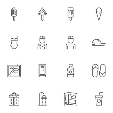 Yaz tatili çizgisi simgeleri seti, ana hatlı vektör sembolü koleksiyonu, doğrusal resim paketi. İşaretler, logo illüstrasyonu. Dondurma, mayo, yüzme havuzu, güneş kremi, duş gibi simgeler