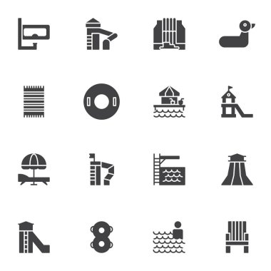 Su parkı slaytları vektör simgeleri seti, modern katı sembol koleksiyonu, doldurulmuş biçim piktogram paketi. İşaretler, logo illüstrasyonu. Set, aqua park, dalış maskesi, can simidi, yüzme havuzu, sandalye gibi simgeleri içerir