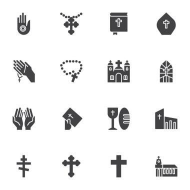 Din vektör simgeleri seti, Hıristiyanlık modern katı sembol koleksiyonu, doldurulmuş biçim piktogram paketi. İşaretler, logo illüstrasyonu. Set, haç, dua eden eller, kilise binası gibi simgeleri içerir