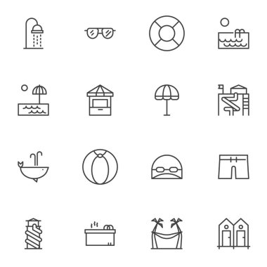Su parkı çizgisi simgeleri seti, ana hatlı vektör sembolü koleksiyonu, doğrusal resim paketi. Logo illüstrasyonu işaretleri. Set simgeleri - duş, güneş gözlüğü, yüzme havuzu, jakuzi, slaytlar, yaz plajı
