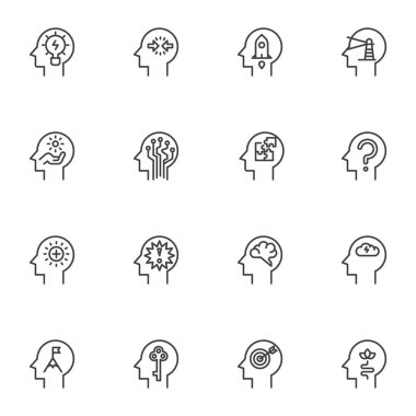 Psikoloji çizgi simgeleri seti, ana hatlı vektör sembolü koleksiyonu, doğrusal stil piktogram paketi. Logo illüstrasyonu işaretleri. Set, yaratıcı düşünce, beyin aktivitesi, insan zekası ve çözüm olarak simgeleri içerir