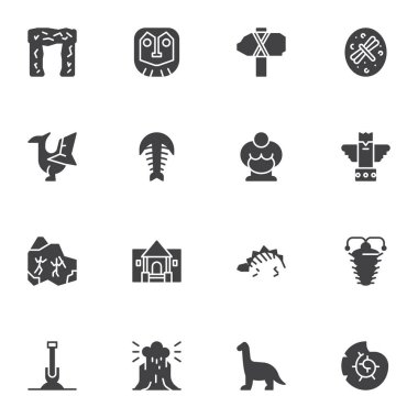 Arkeolojik kazılar vektör simgeleri seti, modern katı sembol koleksiyonu, doldurulmuş biçim piktogram paketi. İşaretler, logo illüstrasyonu. Tarih öncesi silah olarak simgeler, dinozor iskeleti, volkan