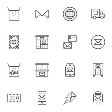 Posta servis çizgisi simgeleri seti, posta ofisi ana hatları vektör koleksiyonu, doğrusal resim paketi. İşaretler, logo illüstrasyonu. Teslimat kamyonu, zarf postası, posta pulu olarak simgeleri içerir