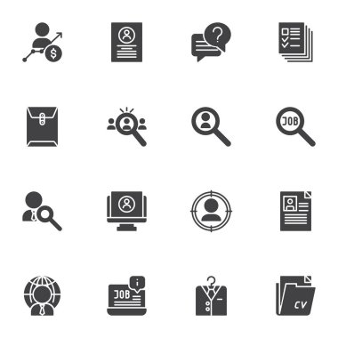Röportaj vektör simgeleri seti, modern katı sembol koleksiyonu, doldurulmuş biçim piktogram paketi. İşaretler, logo illüstrasyonu. Sete asker toplama, kelle avcılığı, insan kaynakları, iş arama, özgeçmiş olarak simgeler dahil