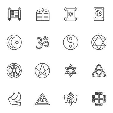Din çizgisi simgeleri seti, ana hat vektör sembolü koleksiyonu, doğrusal biçim piktogram paketi. İşaretler, logo illüstrasyonu. Set, İslam, Yahudilik, Budizm, Hıristiyanlık, ay, yıldız, Yahudi, güvercin simgelerini içerir.
