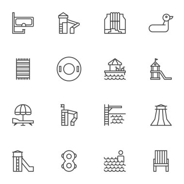 Su parkı slayt çizgisi simgeleri seti, ana hatlı vektör sembolü koleksiyonu, lineer stil piktogram paketi. İşaretler, logo illüstrasyonu. Set, aqua park, dalış maskesi, can simidi, yüzme havuzu, sandalye gibi simgeleri içerir