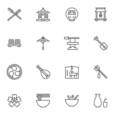 Japon kültür çizgisi simgeleri seti, ana hatlı vektör sembolü koleksiyonu, lineer stil piktogram paketi. İşaretler, logo illüstrasyonu. Sette samuray kılıcı, şemsiye, müzik aleti, erişte yemeği gibi simgeler yer alıyor.