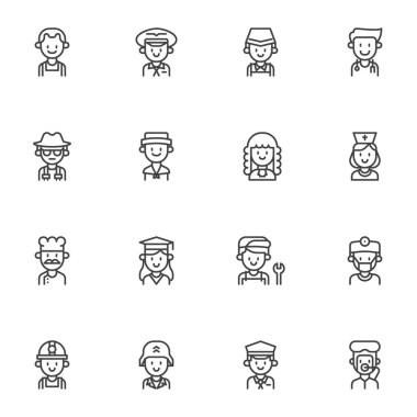 Meslek, meslek çizgisi simgeleri seti, taslak vektör sembolü koleksiyonu, doğrusal resim paketi. İşaretler, logo illüstrasyonu. Set simgeleri doktor, hemşire, işçi, tamirci, dalgıç ve madenci olarak içerir