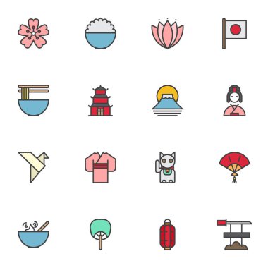 Japonya ile ilişkili taslak simgeler seti, çizgi vektör sembolü koleksiyonu, doğrusal renkli piktogram paketi. İşaretler, logo illüstrasyonu, sakura çiçeği, Japon tapınağı, origami, kimono simgeleri. 