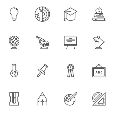 Eğitim çizgisi simgeleri seti, bilim ana hatları vektör koleksiyonu, doğrusal biçim piktogram paketi. İşaretler, logo illüstrasyonu. Ampul, coğrafya, kimya, karatahta ve mezun olarak simgeleri içerir