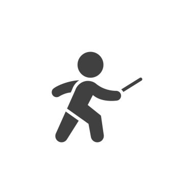 Eskrim sporu ikonu. Mobil konsept ve web tasarımı için düz tabela. Eskrimci adam sembolü. Sembol, logo çizimi. Vektör grafikleri