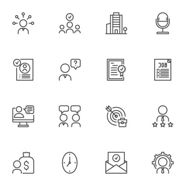 İş görüşmesi çizgisi simgeleri ayarlandı, taslak vektör sembolü koleksiyonu, doğrusal biçim piktogram paketi. İşaretler, logo illüstrasyonu. Sette insan kaynakları, ofis binası, çalışan alımı gibi simgeler yer alıyor