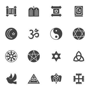 Din vektör simgeleri seti, modern katı sembol koleksiyonu, doldurulmuş biçim piktogram paketi. İşaretler, logo illüstrasyonu. Set, İslam, Yahudilik, Budizm, Hıristiyanlık, ay, yıldız, Yahudi, güvercin simgelerini içerir.