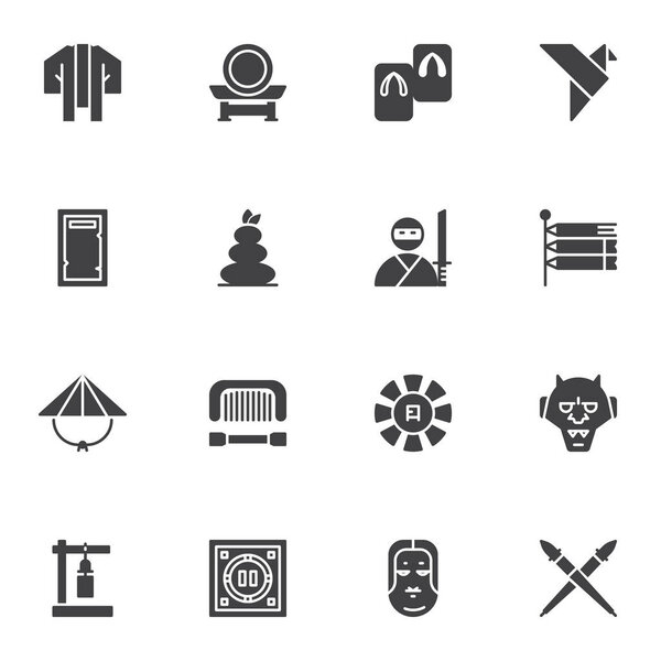 Japanese culture vector icons set, modern solid symbol collection, filled style pictogram pack. Signs, logo illustration. Set includes icons as origami bird, ninja, spa stones, asian hat, lantern