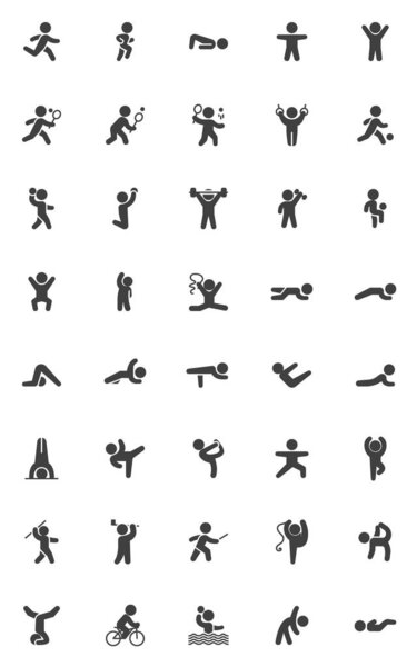 Sport exercises vector icons set, modern solid symbol collection, Yoga poses filled style pictogram pack. Signs, logo illustration. Set includes icons as rhythmic gymnastics, tennis, stretching, asana