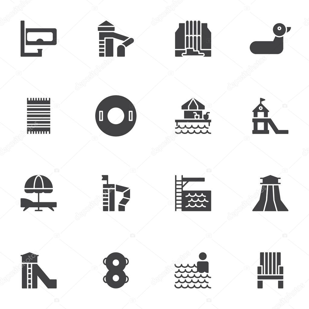 Water park slides vector icons set, modern solid symbol collection, filled style pictogram pack. Signs, logo illustration. Set includes icons as aqua park, diving mask, lifebuoy, swimming pool, chair