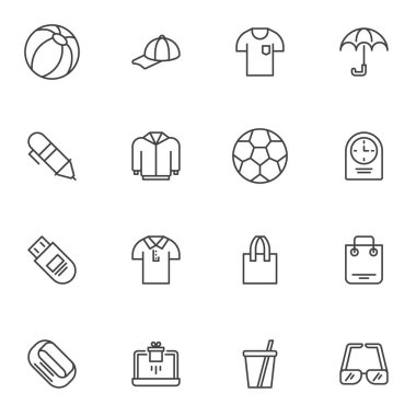 Promosyon ögeleri çizgisi simgeleri seti, taslak vektör koleksiyonu, yazlık dükkan tarzı pictogram paketi. İşaretler, logo illüstrasyonu. Set simgeleri plaj topu, beyzbol şapkası, güneş gözlüğü, gömlek