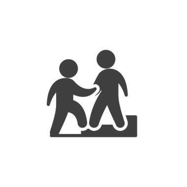 İş vektör simgesine yardım. Mobil konsept ve web tasarımı için düz tabela. İşadamı, bir çalışan simgesine yardım elini uzattı. Sembol, logo çizimi. Vektör grafikleri