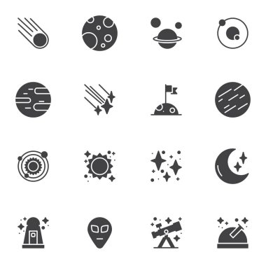 Uzay, evren vektör simgeleri seti, modern katı sembol koleksiyonu, doldurulmuş biçim piktogram paketi. İşaretler, logo illüstrasyonu. Küme, kozmos gezegenleri, güneş sistemi, teleskop, gözlemevi gibi simgeleri içerir