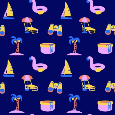 Yaz plajı ikonları deseni. Yaz tatili sorunsuz geçmiş. Kusursuz desen vektör çizimi