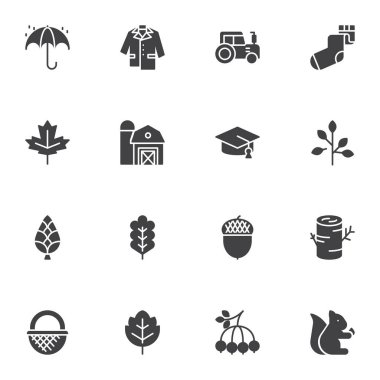 Sonbahar mevsimi vektör simgeleri seti, modern katı sembol koleksiyonu, doldurulmuş biçim piktogram paketi. İşaretler, logo illüstrasyonu. Set, yağmur şemsiyesi, ceket, odun, hasat deposu ve traktör olarak simgeleri içerir