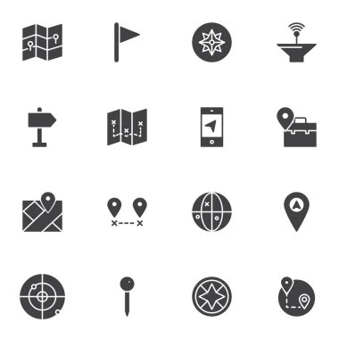 Konum yön bulma vektör simgeleri seti, modern katı sembol koleksiyonu, doldurulmuş biçim piktogram paketi. İşaretler, logo illüstrasyonu. Harita işaretleyici, rüzgar, konum iğnesi, coğrafi konum olarak simgeleri içerir
