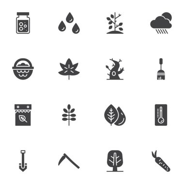 Sonbahar mevsimi vektör simgeleri seti, modern katı sembol koleksiyonu, sonbahara bağlı piktogram paketi. Logo illüstrasyonu işaretleri. Set yağmur, bulut ve yağmur damlaları gibi simgeleri içerir, bahçecilik