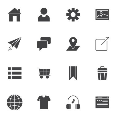 Web geliştirme vektör simgeleri seti, modern katı sembol koleksiyonu, doldurulmuş biçim piktogram paketi. İşaretler, logo illüstrasyonu. Ayarlar kullanıcı kişisi olarak simgeleri, ayarları, web sayfası kodlamasını, ana sayfayı içerir