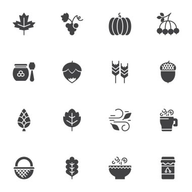 Sonbahar elemanları vektör simgeleri seti, modern katı sembol koleksiyonu, doldurulmuş biçim piktogram paketi. İşaretler, logo illüstrasyonu. Küme, balkabağı, ağaç yaprağı, akçaağaç yaprağı, buğday hasadı, reçel kavanozu gibi ikonları içerir
