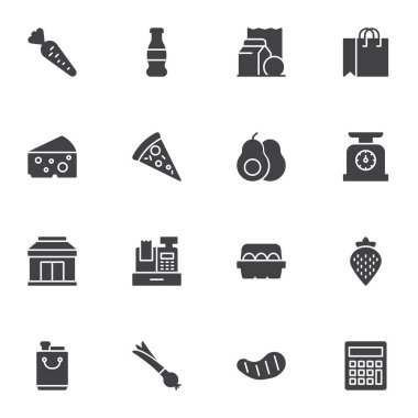 Market vektör simgeleri seti, modern katı sembol koleksiyonu, doldurulmuş biçim piktogram paketi. İşaretler, logo illüstrasyonu. Sette alışveriş poşeti, mandıra, sebze, içecek, sebze, meyve suyu olarak simgeler