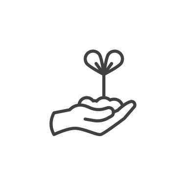 Çiçek çizgisi ikonu olan el. Mobil konsept ve web tasarımı için doğrusal biçim işareti. El yapımı çiçek çizgisi vektör simgesi. Ekoloji sembolü, logo çizimi. Vektör grafikleri