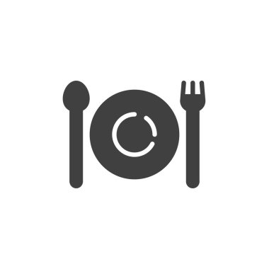 Tabak, çatal ve kaşık vektör ikonu. Mobil konsept ve web tasarımı için düz tabela. Çatal bıçak sembollü bir tabak. Restoran sembolü, logo çizimi. Vektör grafikleri