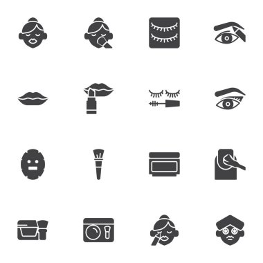 Makyaj ve kozmetik vektör simgeleri seti, modern katı sembol koleksiyonu, doldurulmuş resim paketi. İşaretler, logo illüstrasyonu. Set, ruj, göz farı, kadın yüzü, kaş, manikür gibi simgeleri içerir