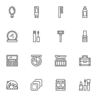 Makyaj çizgisi simgeleri seti, ana hatlı vektör sembolü koleksiyonu, kozmetik ve güzellik stili piktogram paketi. İşaretler, logo illüstrasyonu. Dekor simgeleri makyaj aynası, kozmetik çanta, rimel fırçası olarak içerir