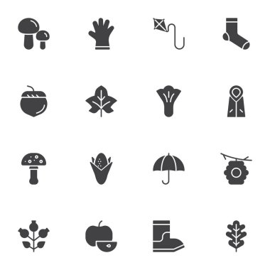 Sonbahar vektör simgeleri seti, modern katı sembol koleksiyonu, doldurulmuş biçim piktogram paketi. İşaretler, logo illüstrasyonu. Simgeleri olduğu gibi ayarla