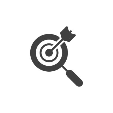 Büyüteç ve hedef vektör simgesi. Mobil konsept ve web tasarımı için düz tabela. İş stratejisi sembolü. Sembol, logo çizimi. Vektör grafikleri