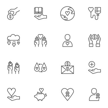 Bağış vektör simgeleri seti, modern katı sembol koleksiyonu, doldurulmuş biçim piktogram paketi. İşaretler, logo illüstrasyonu. Sette yardım etmek, para bağışlamak, kan nakli, kalp gibi simgeler yer alıyor